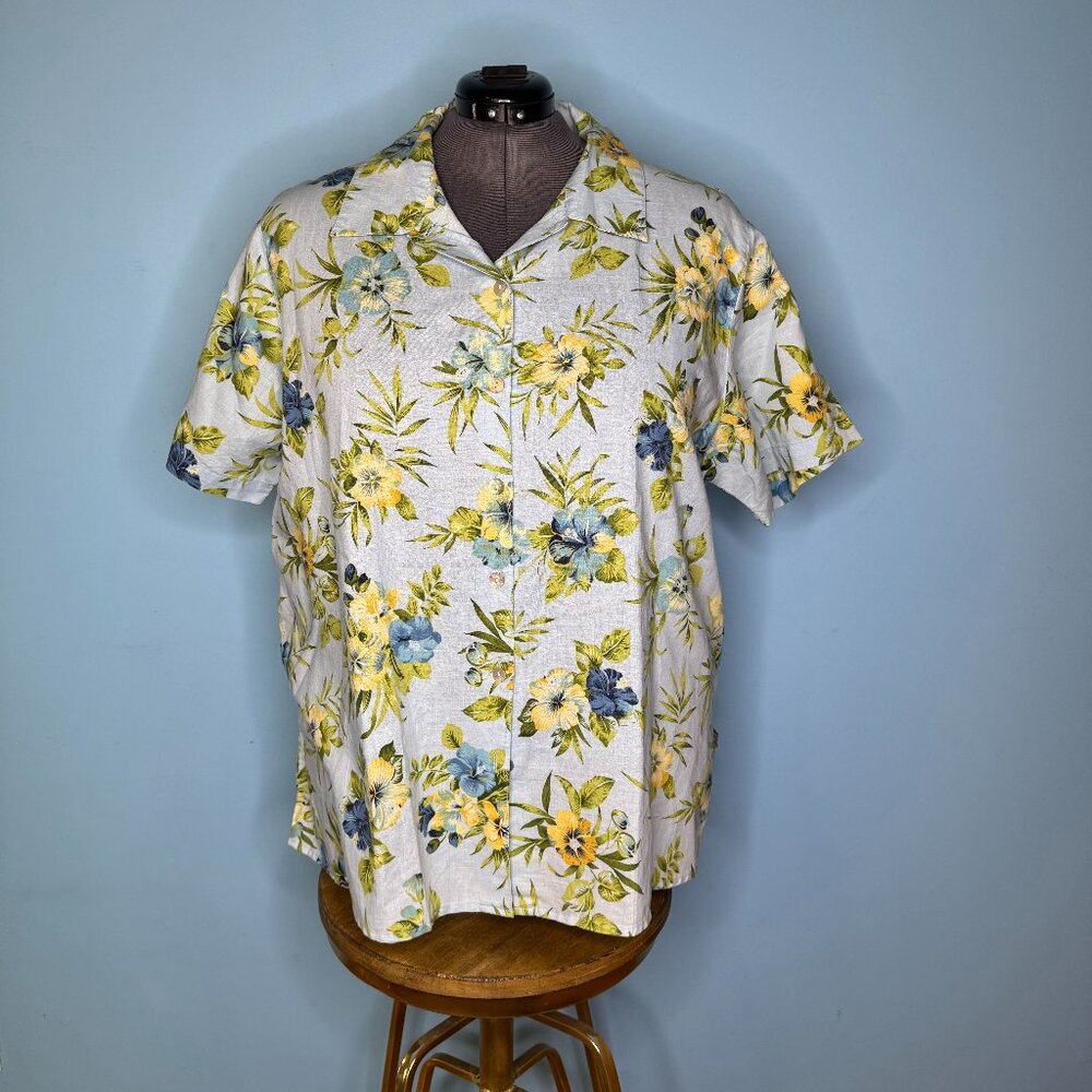 Blue Hawaiian Floral Linen and Cotton Button Up Shirt - 22W